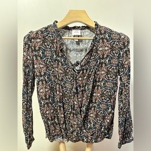 Knox Rose XS Boho Floral Long Sleeve V-Neck Blouse Black Brown